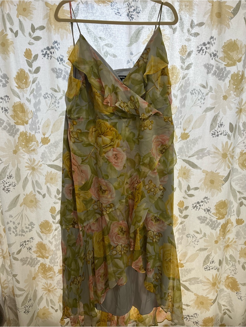 Express Olive Green and Pink Floral Midi Slip Dress